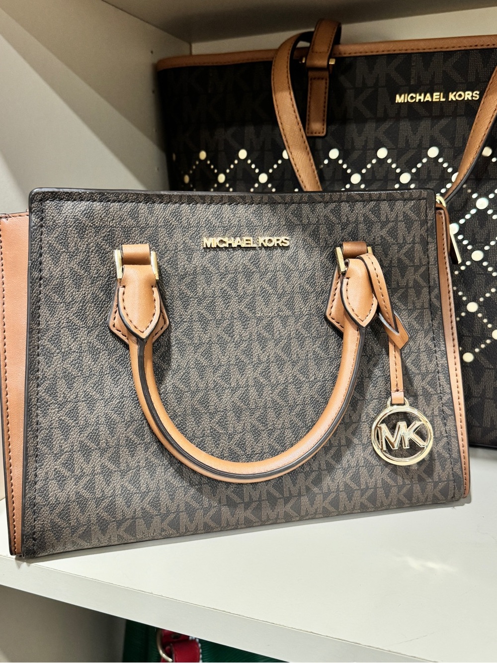 Michael Kors Brown Logo Satchel with Tan Handles and Gold Hardware